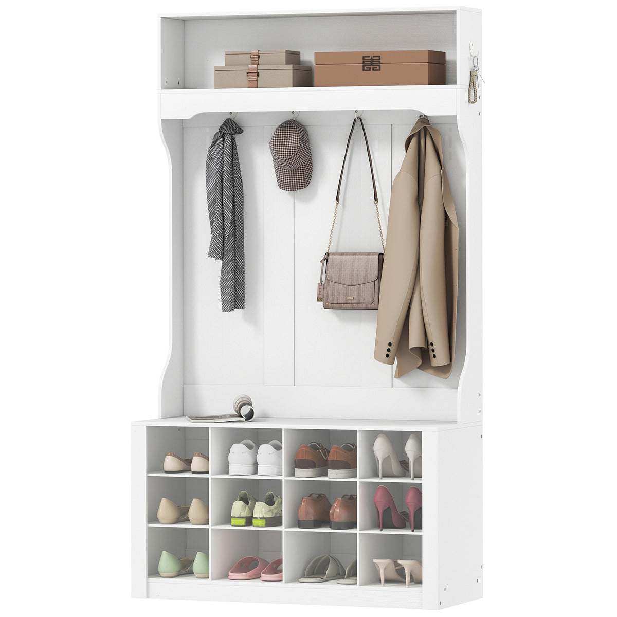 4-in-1 Hall Tree with Bench and 12 Shoe Cubbies