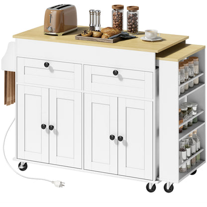 Rolling kitchen island with expandable top and power outlet