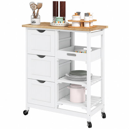 Rolling kitchen cart with wood top and drawers