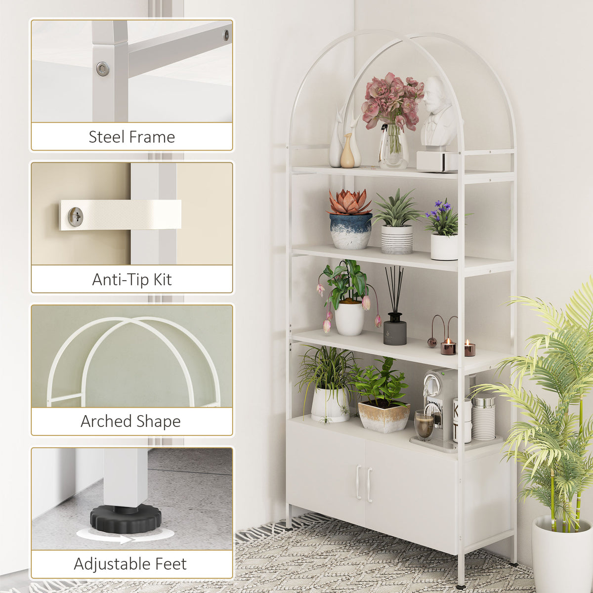 Librería arqueada de 4 niveles con mueble de almacenamiento