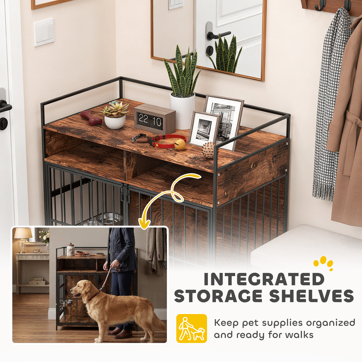 Dog crate furniture table rotating bowls rustic
