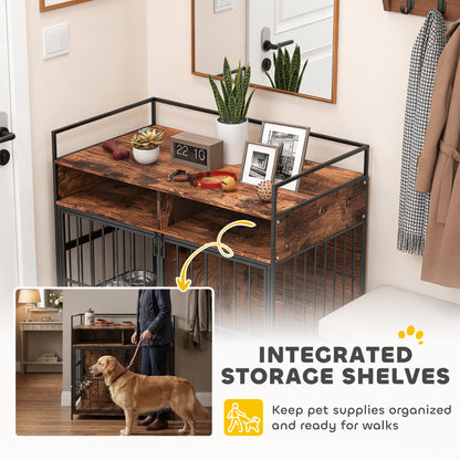 Dog crate furniture table rotating bowls rustic