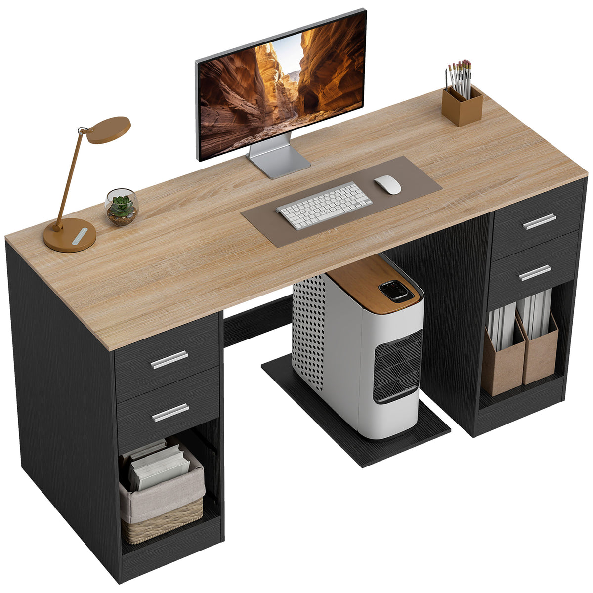 Computer Desk with 4 Drawers and Mobile CPU Stand