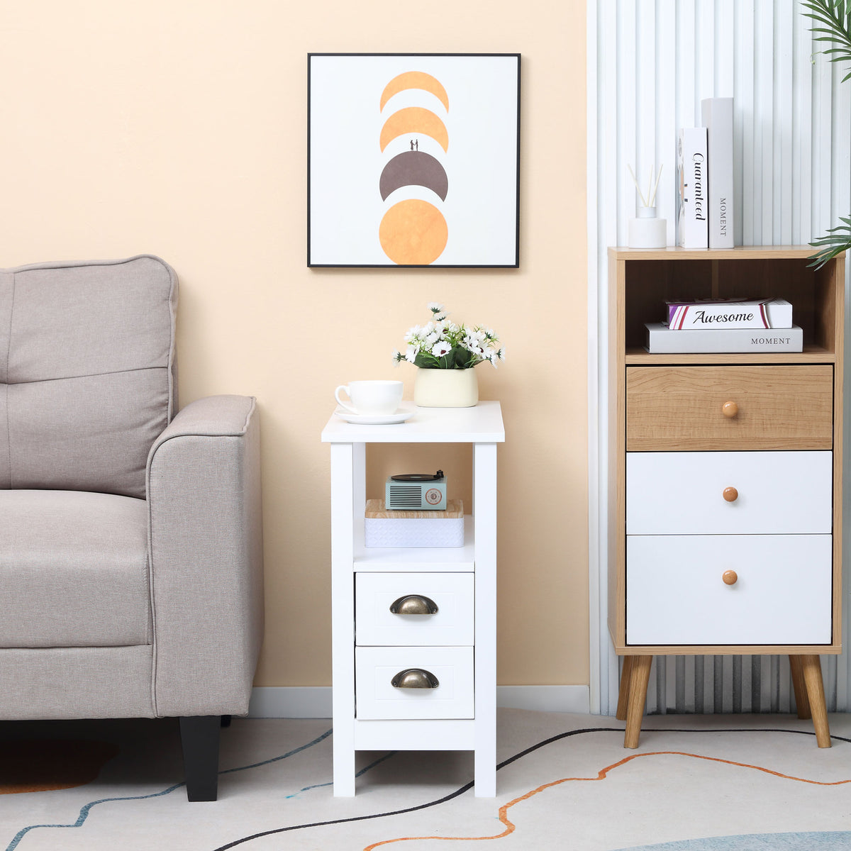 Slim End Table with 2 Drawers and Shelf