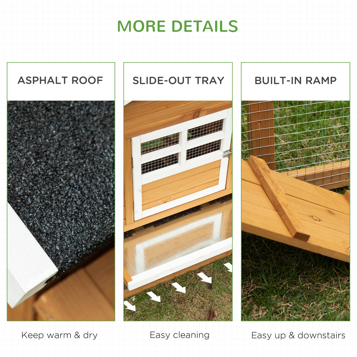 Wooden outdoor chicken coop with run and nesting box