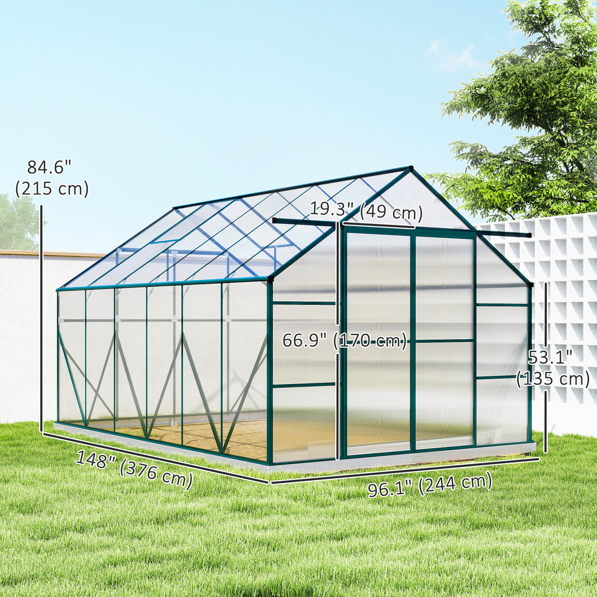 Invernadero de jardín de aluminio y policarbonato de 8 x 12 pies