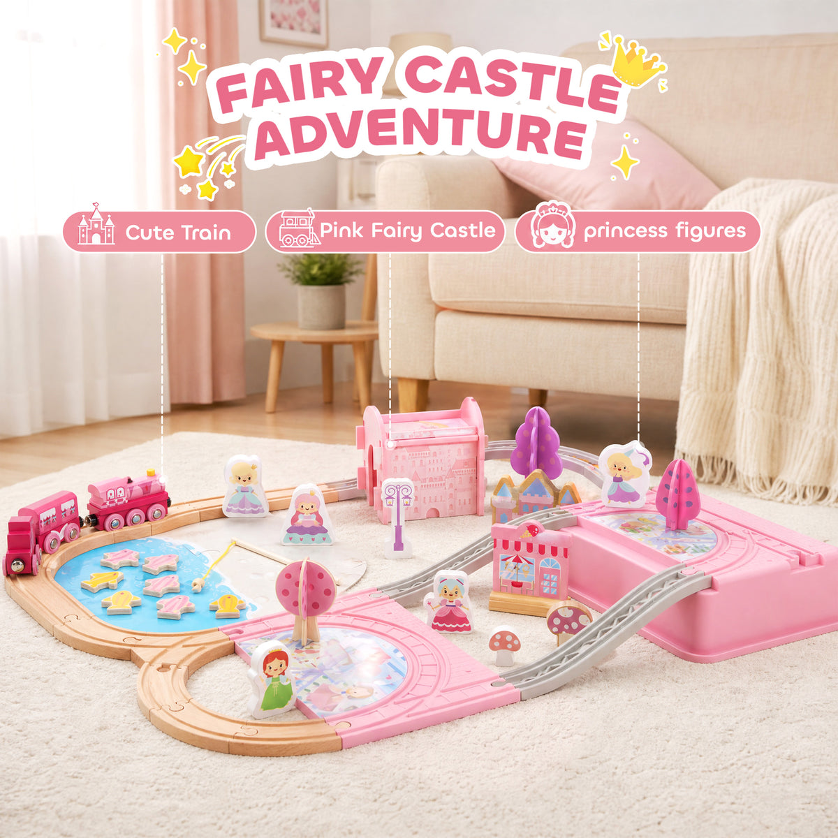 Set de vías de madera de castillo de princesa — Lote de 58