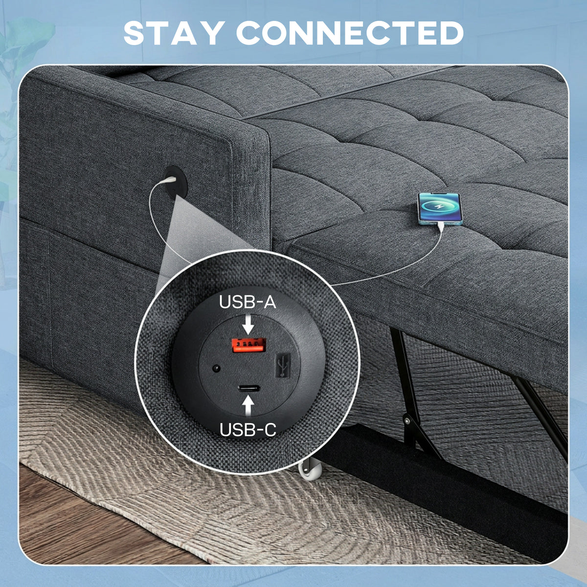 Convertible sofa bed with USB ports and adjustable backrest