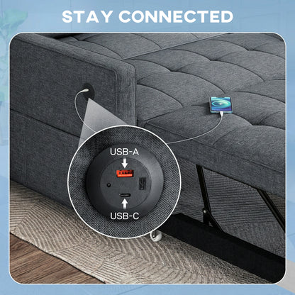Convertible sofa bed with USB ports and adjustable backrest
