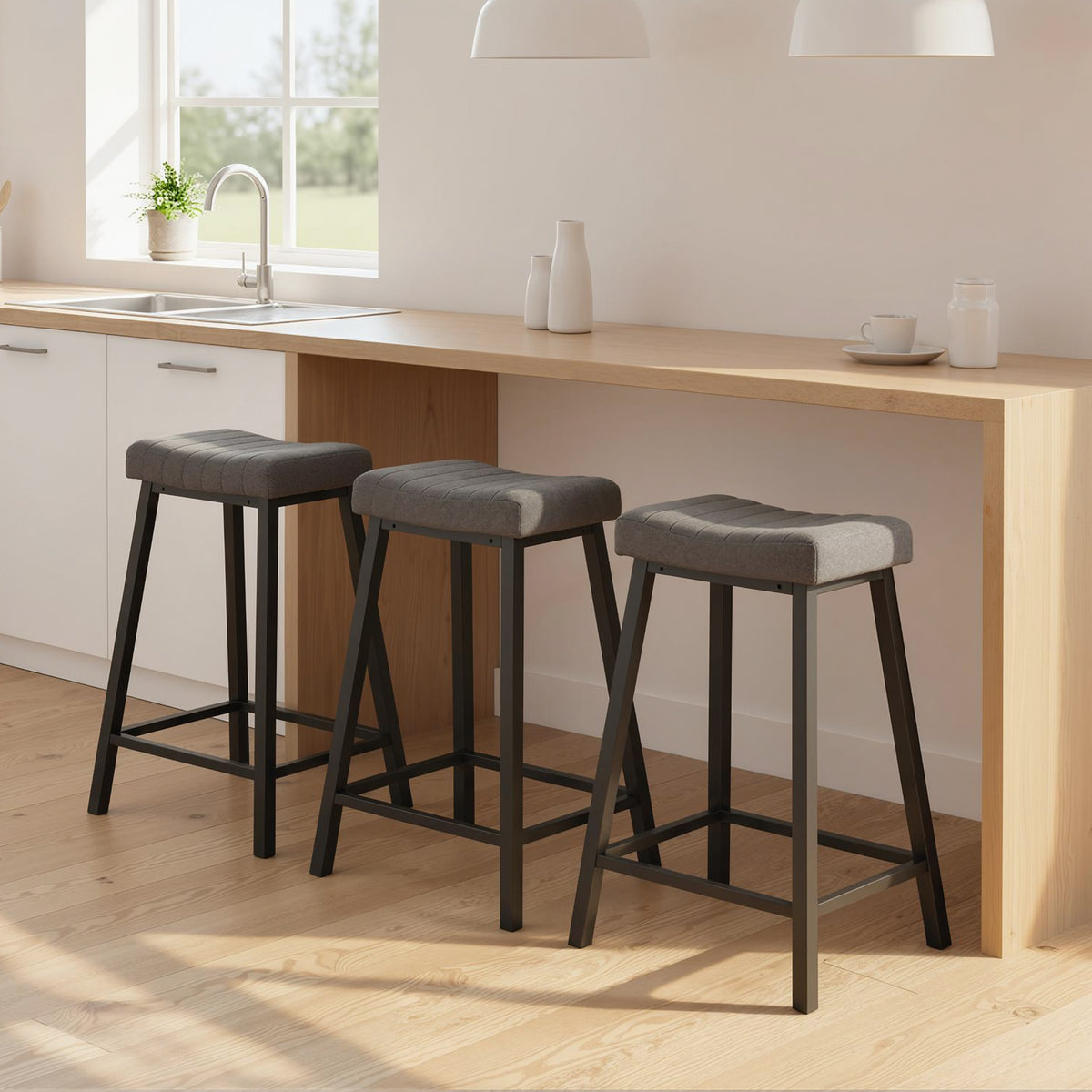 Cushioned Velvet Bar Stools — Set of 3