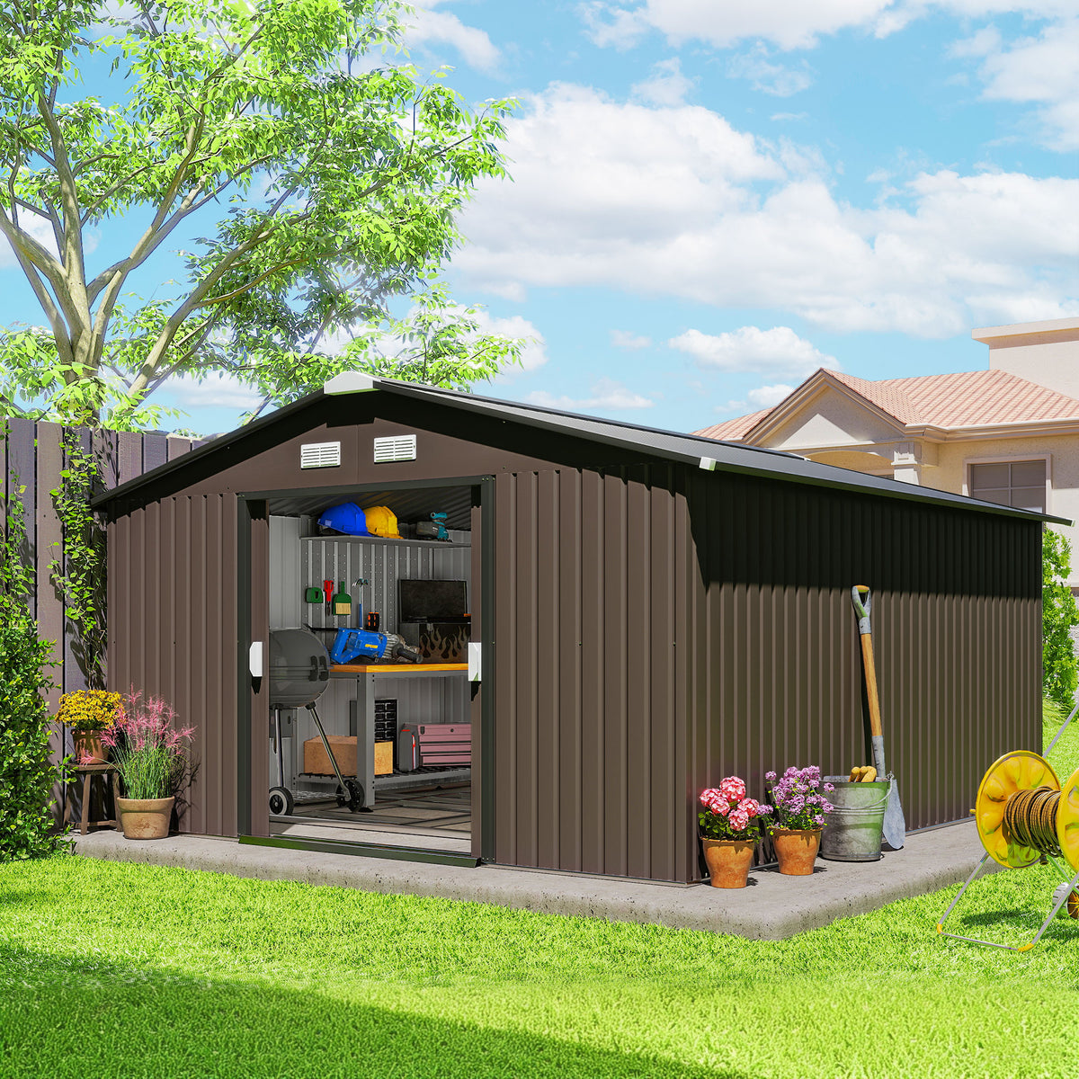 Galvanized Steel Garden Shed with Double Sliding Door