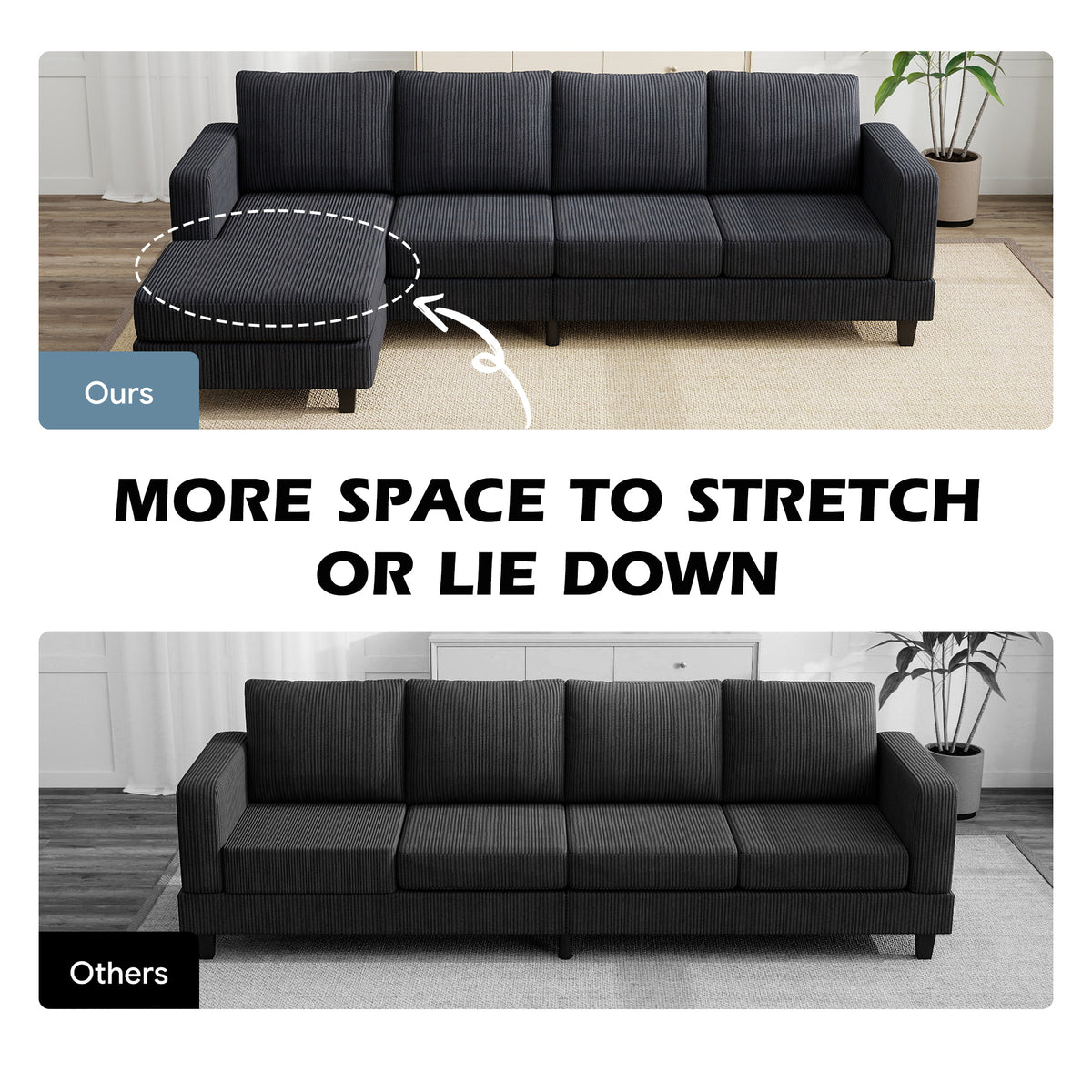 L-shaped sectional sofa with chaise lounge and spring cushions