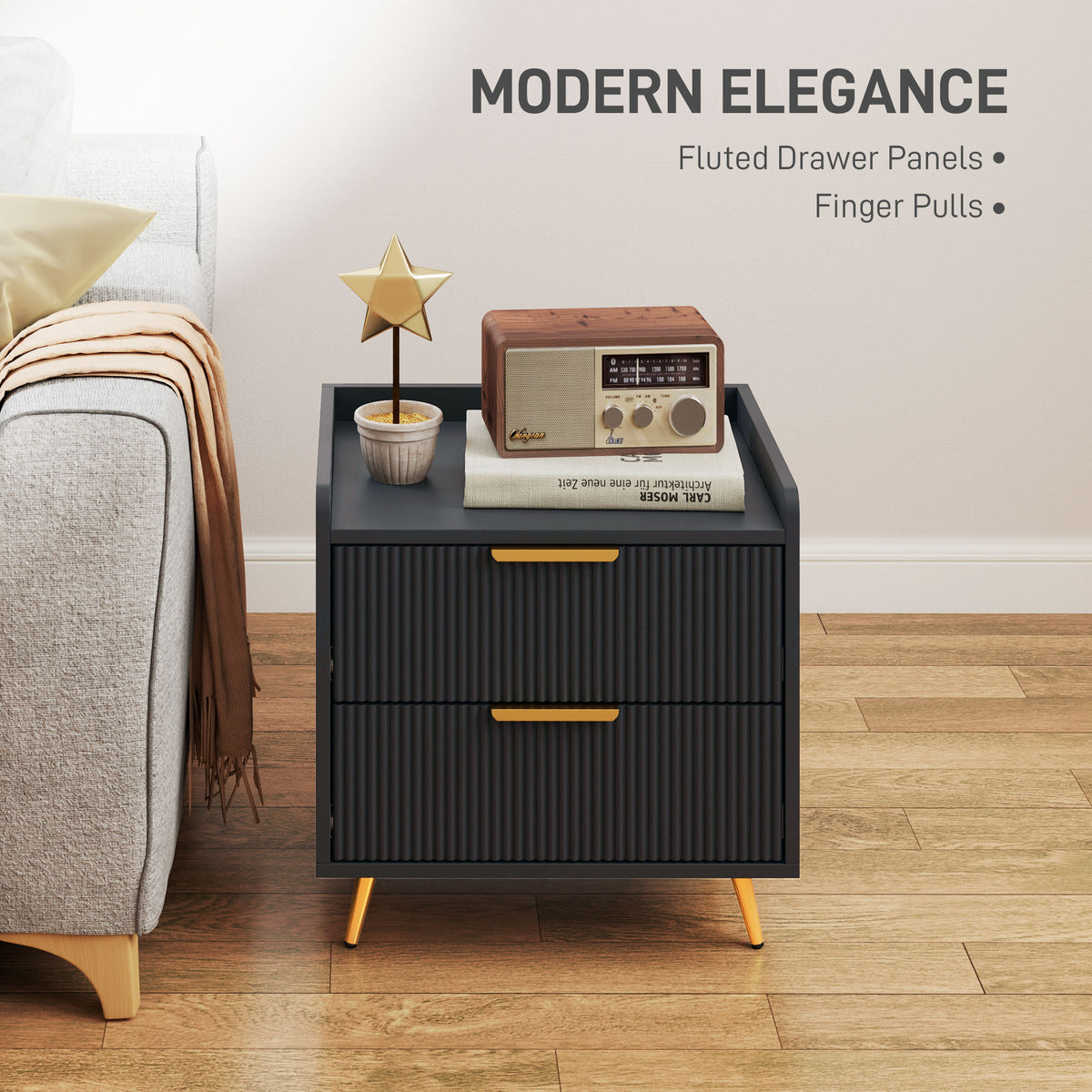 Nightstand with 2 Drawers and Metal Legs