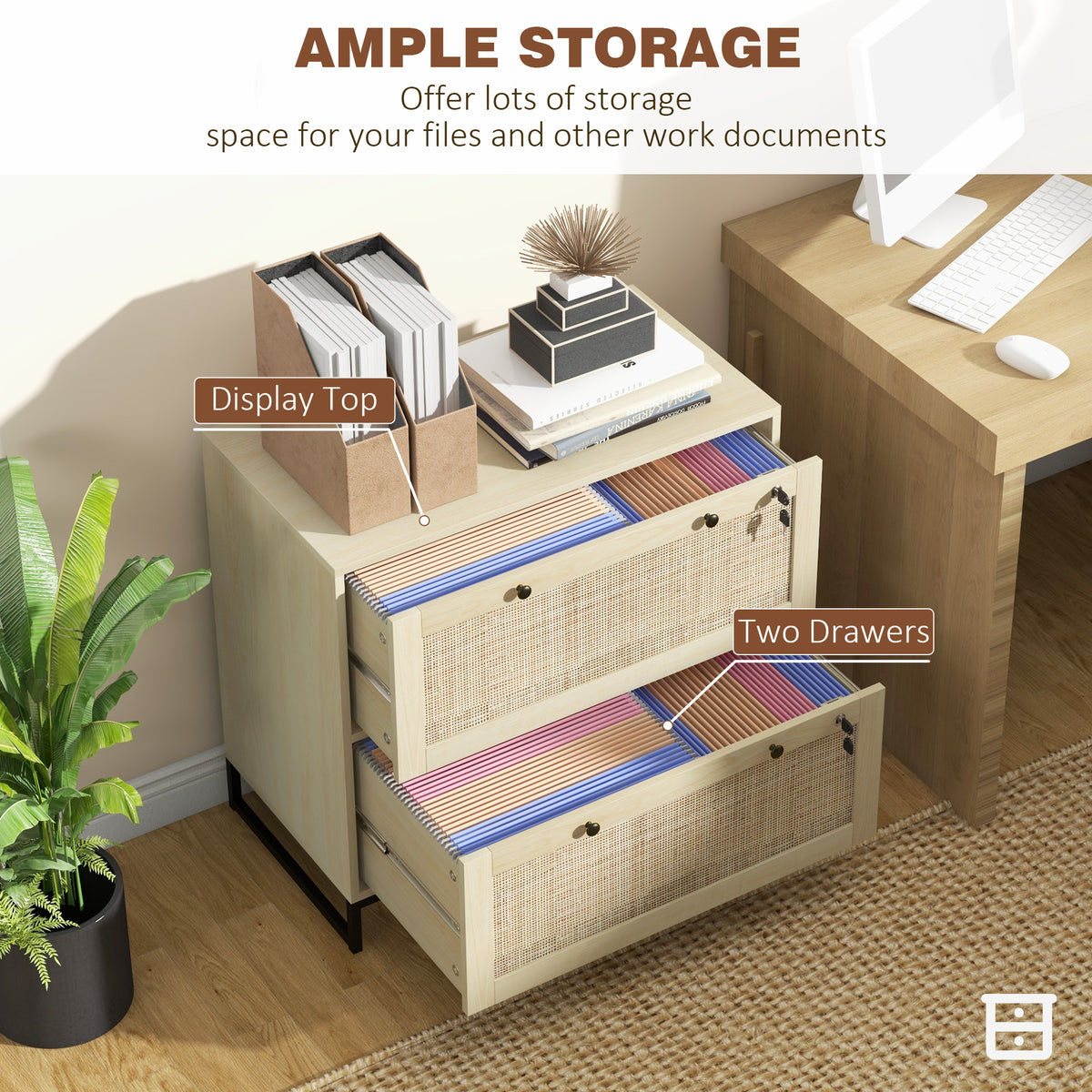 2-Drawer Filing Cabinet with Lock and Rattan Design