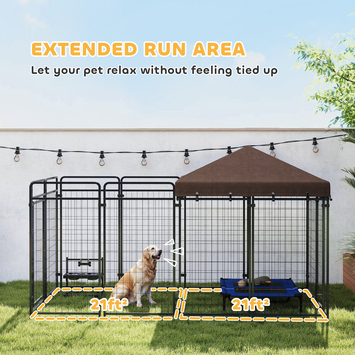 Outdoor dog kennel with waterproof canopy in steel