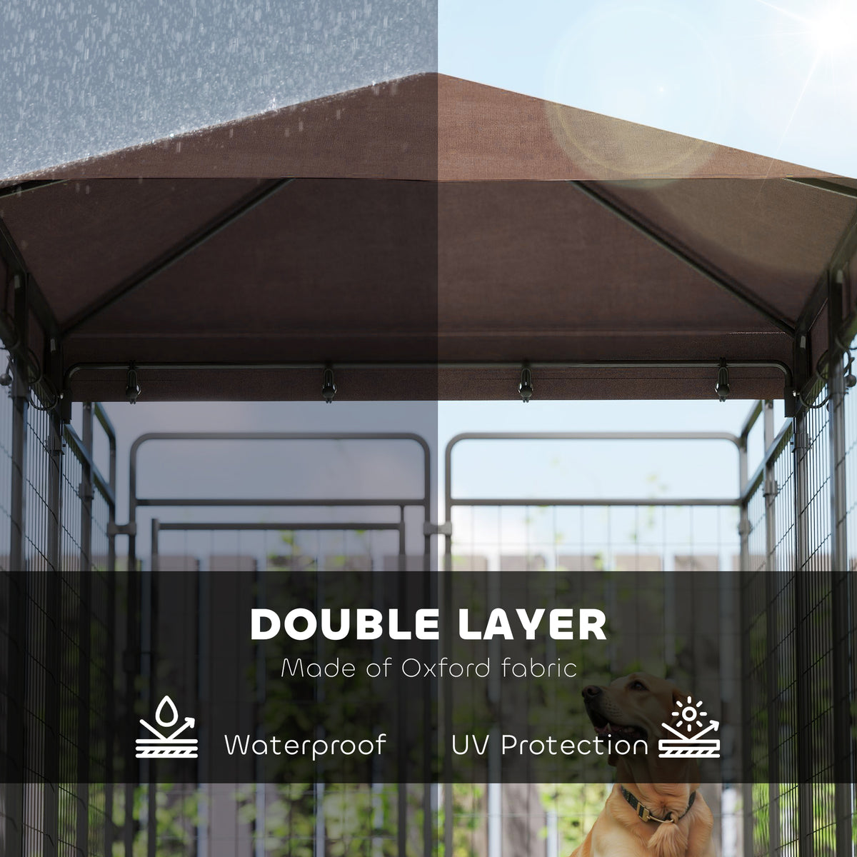 Outdoor dog kennel with waterproof canopy in steel