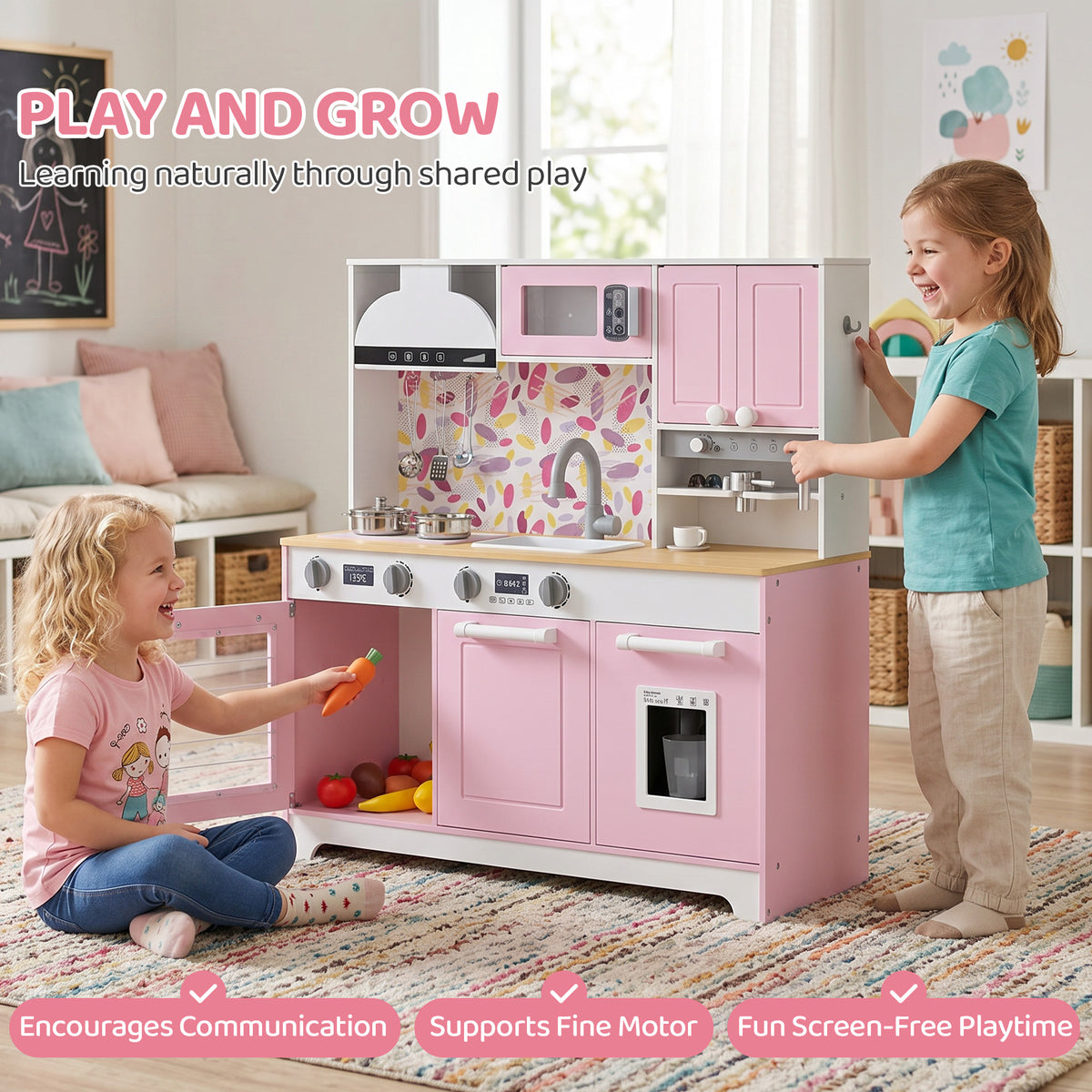 Wooden kids play kitchen with coffee maker and accessories