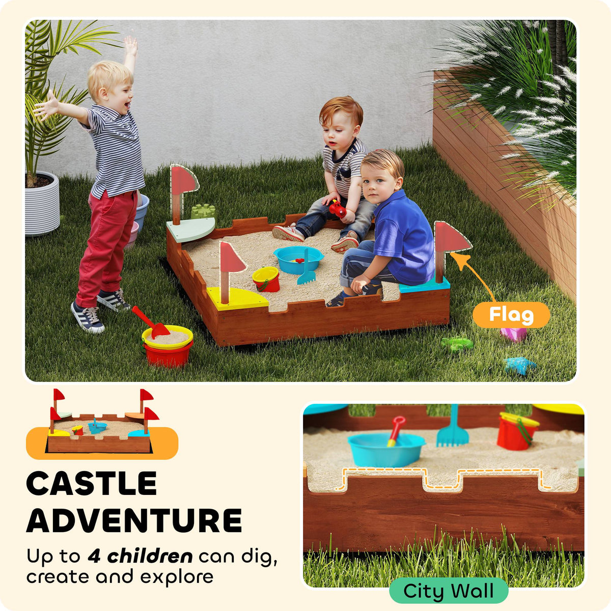 Caja de arena de madera para niños con banderas