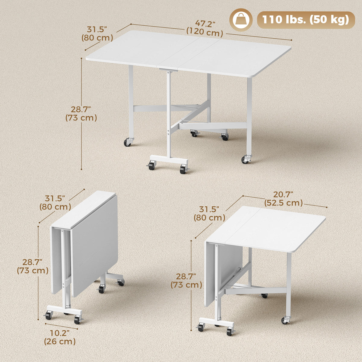 Six-Seater Drop-Leaf Dining Table with Wheels