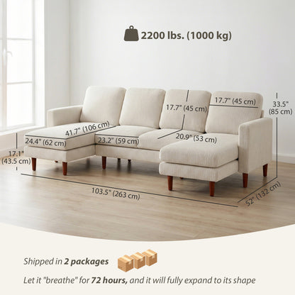 U-Shaped Corduroy Sectional Sofa with Double Chaise Lounges