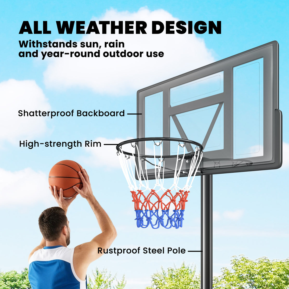 Canasta de baloncesto con soporte ajustable de 134 a 305 cm