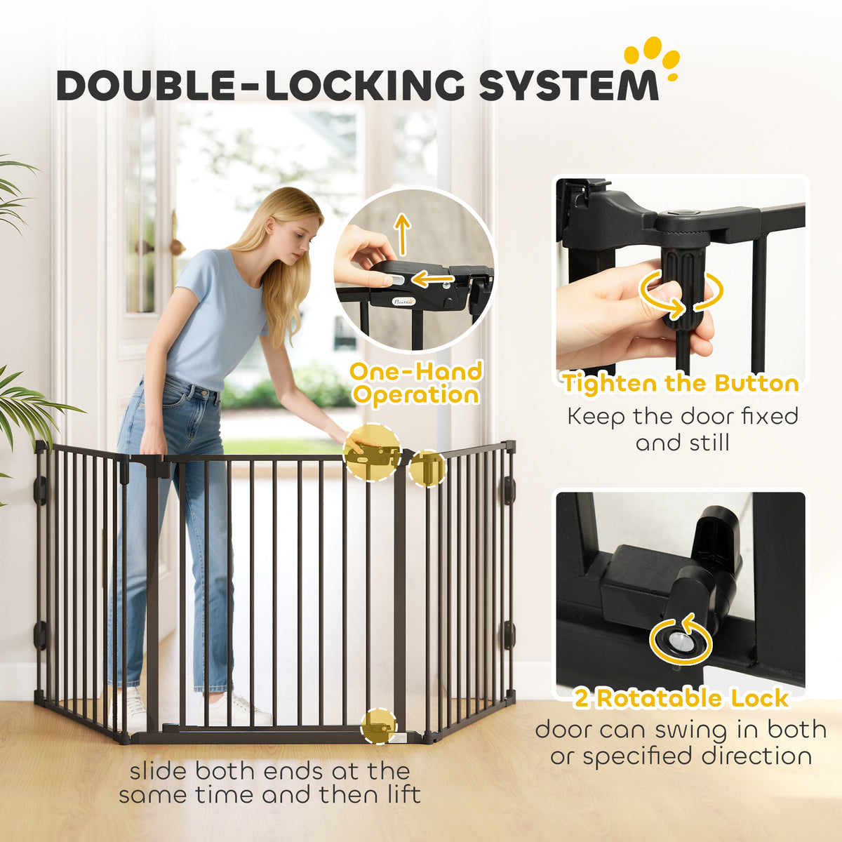 3-Panel Foldable Metal Dog Gate with Door