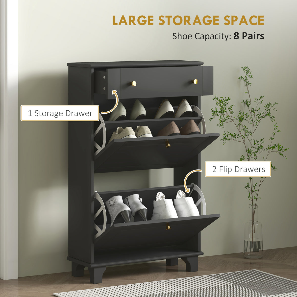 Slim Shoe Cabinet 2 Flip Drawers Adjustable Shelves 8 Pairs