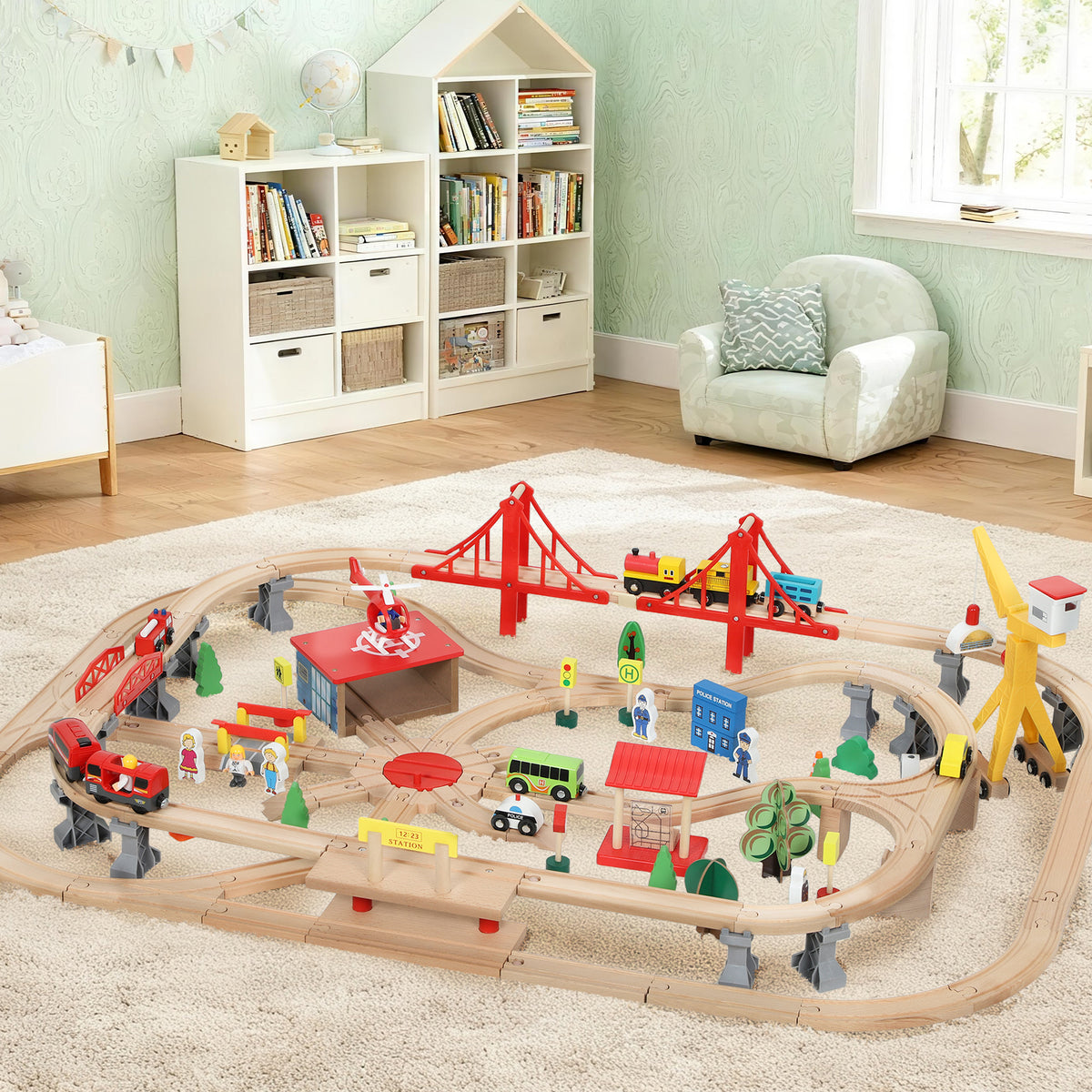 Wooden Train Set with Track Accessories — Set of 133