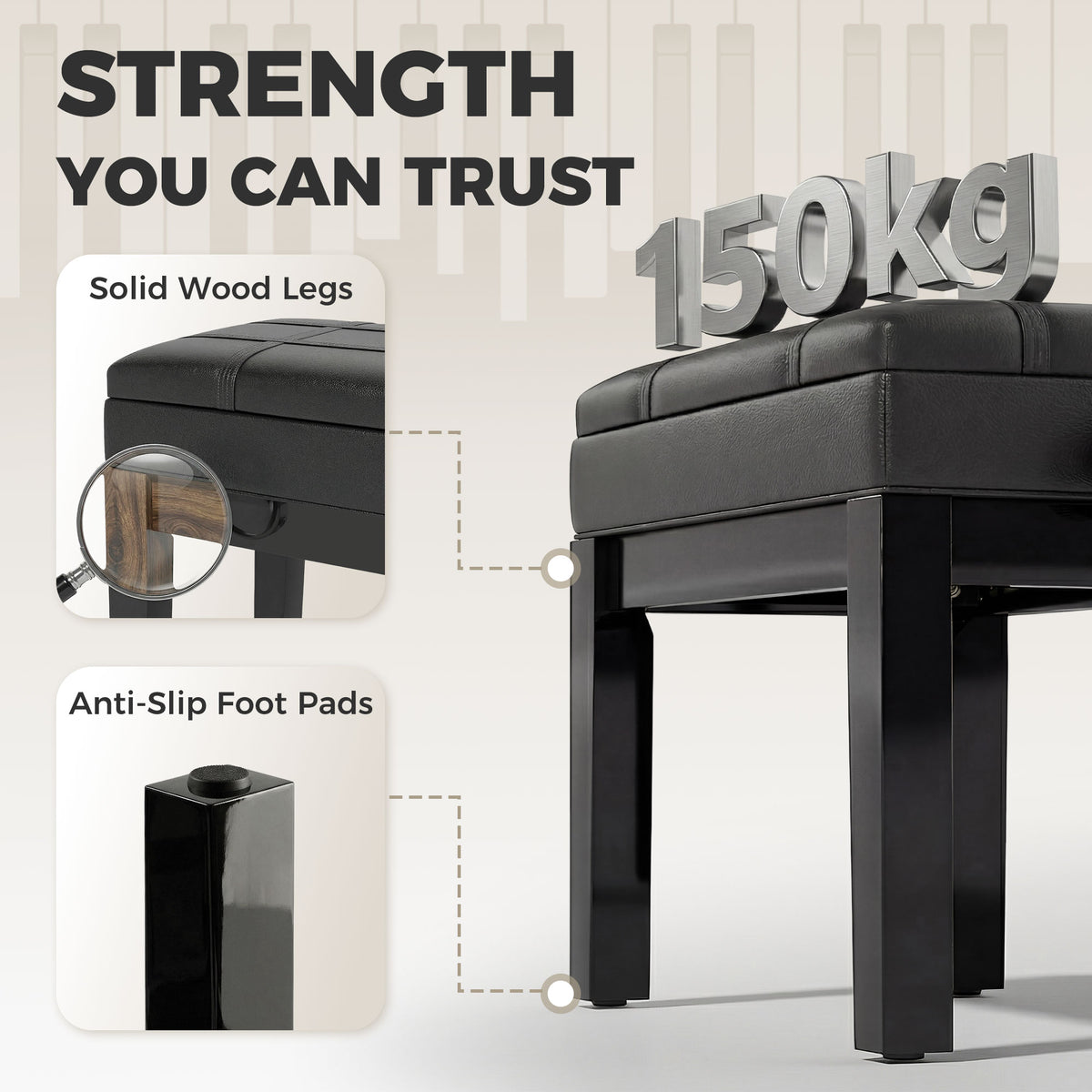 Faux leather adjustable piano bench with storage