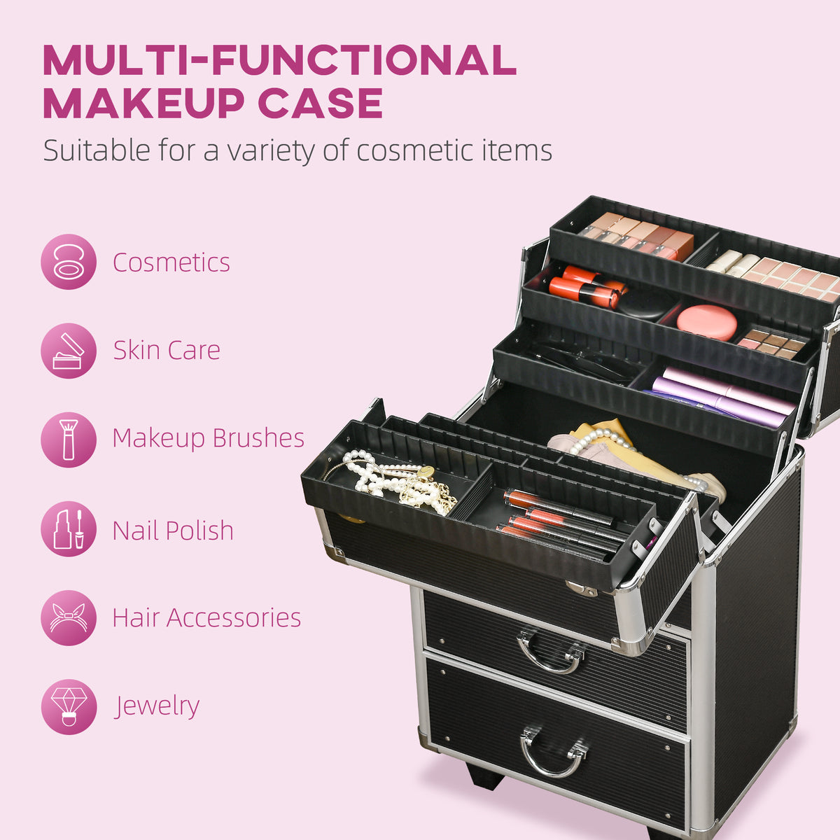 Maletín de maquillaje profesional con ruedas de aluminio