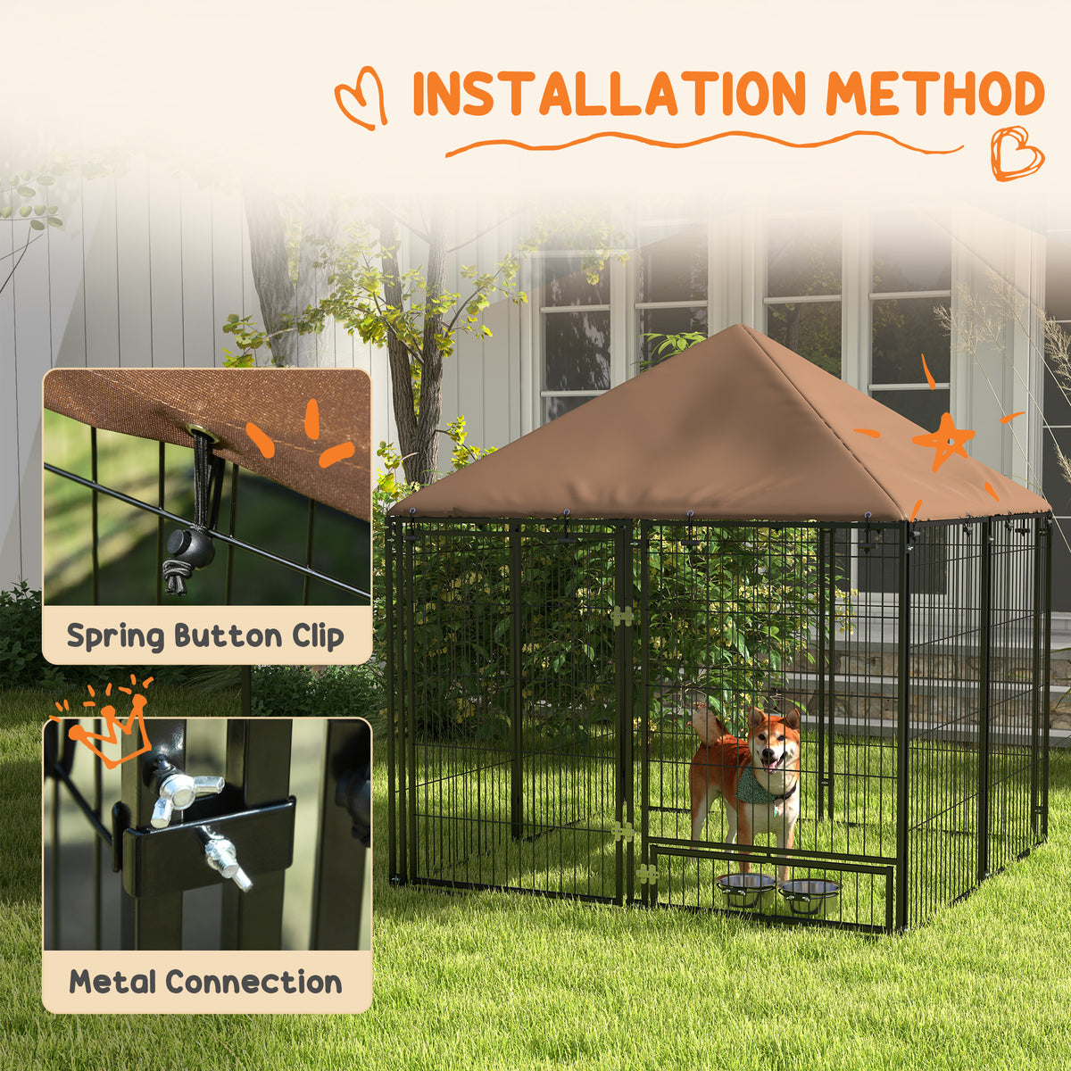 Corral exterior para perros con techo y bebederos giratorios