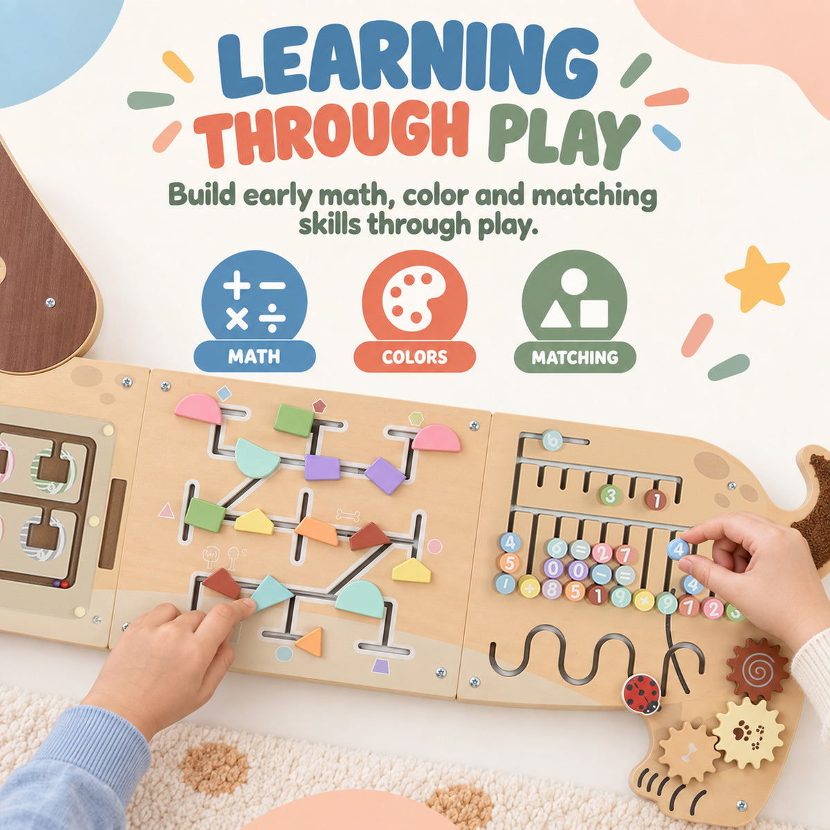 Panel de actividades sensorial mural con forma de perro salchicha