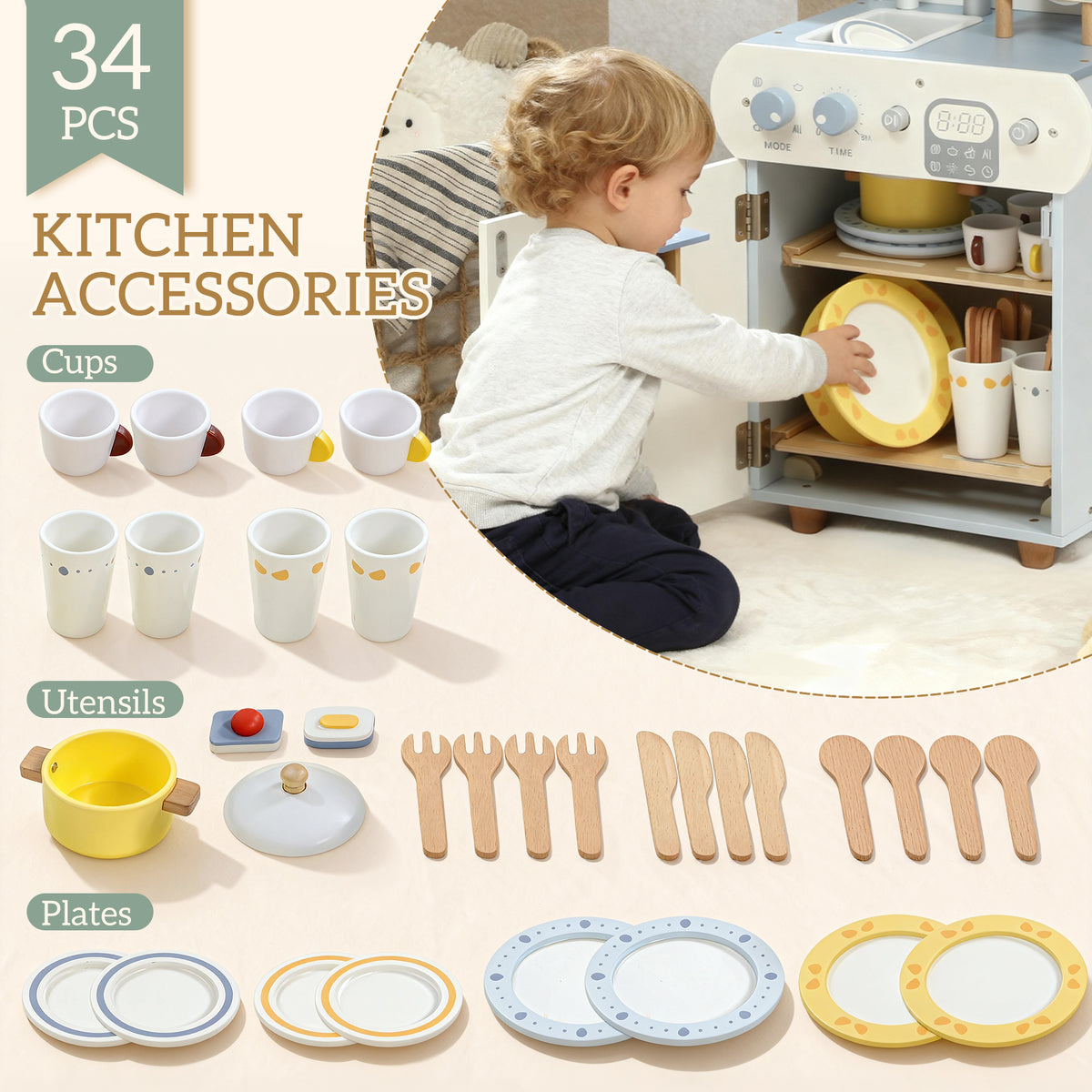 Wooden dishwasher playset toy for kids — Set of 32