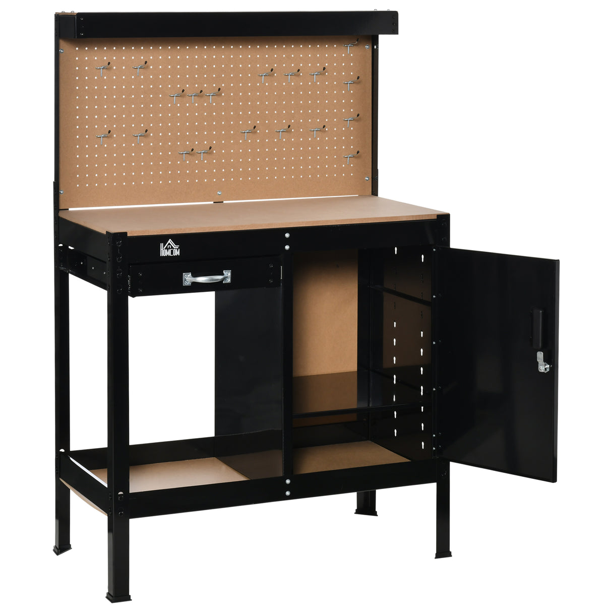 Workbench with Pegboard and Storage Cabinet