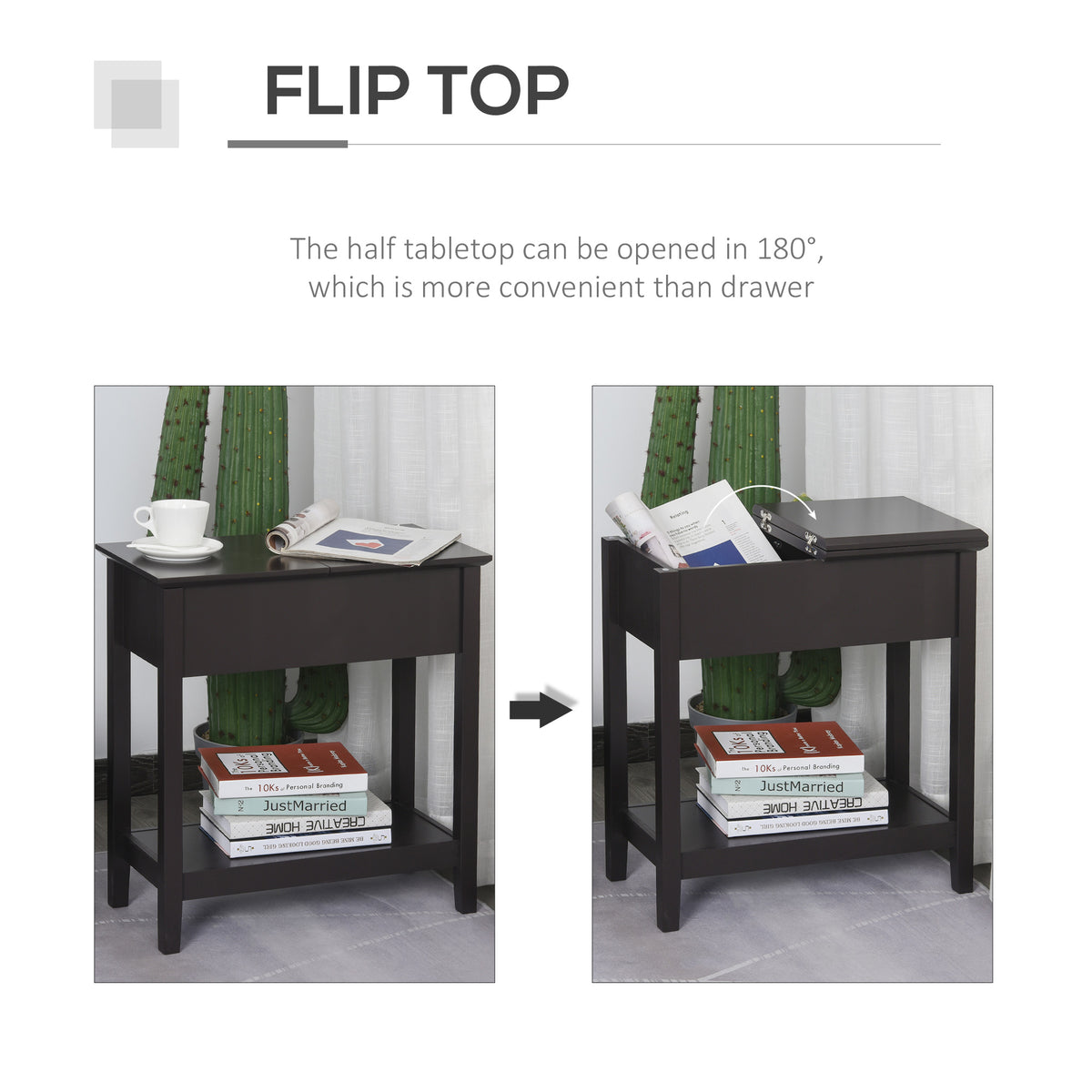 Flip top end side table with cabinet and shelf — Dark
