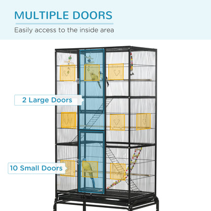 Large bird cage with wheels and accessories