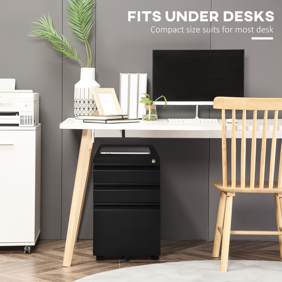 Mobile filing cabinet 3 drawer lockable steel