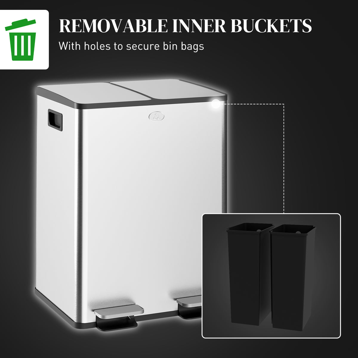 Dual pedal trash can soft-close 2x20L