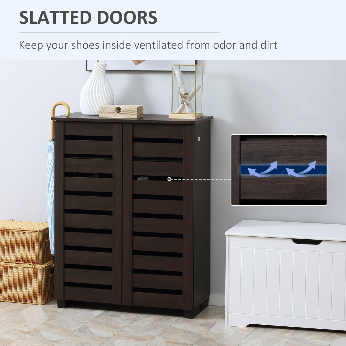 Narrow Shoe Cabinet 2 Slatted Doors 5-Tier Storage
