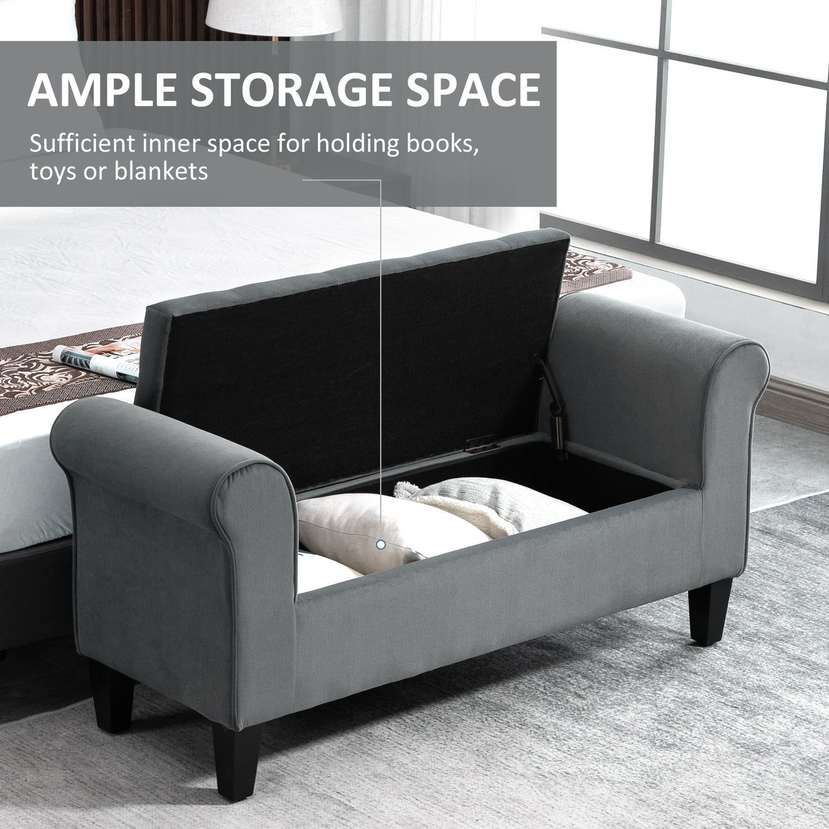 Button tufted storage bench with rolled arms
