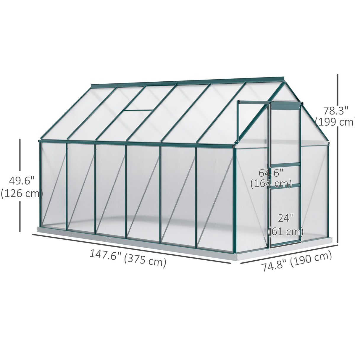 190x375x199cm Charcoal Grey Polycarbonate Greenhouse with Ventilation