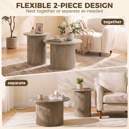 Round nesting coffee table weathered wood — Set of 2