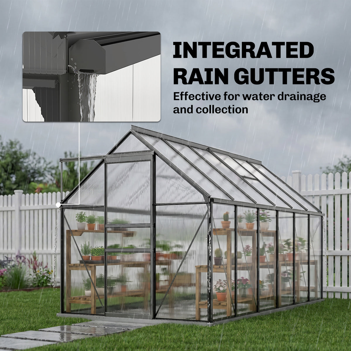 190x375x199cm Charcoal Grey Polycarbonate Greenhouse with Ventilation