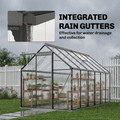 190x375x199cm Charcoal Grey Polycarbonate Greenhouse with Ventilation