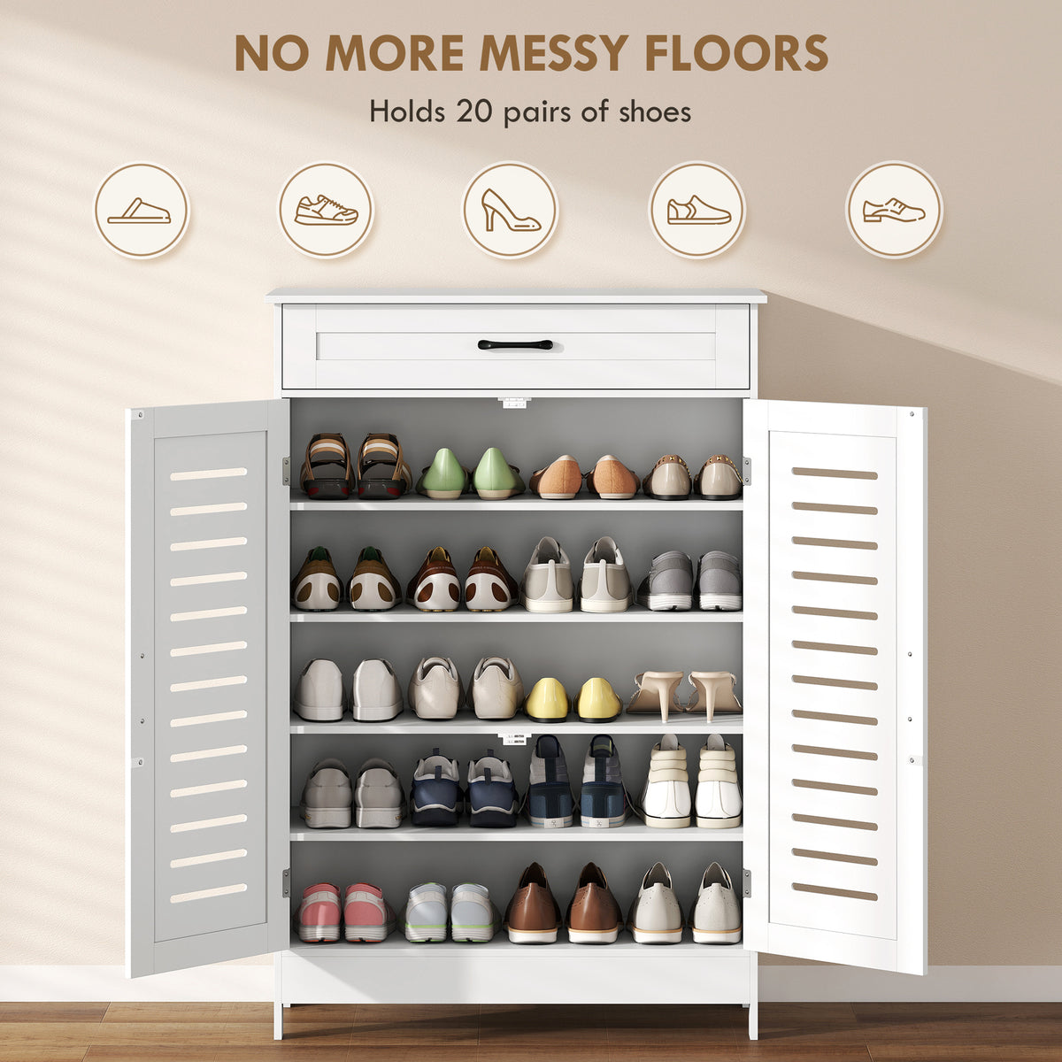 Shoe Cabinet with Louvered Doors and Drawer
