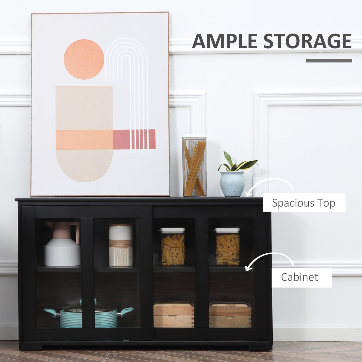 Aparador de cocina apilable con puertas correderas de cristal