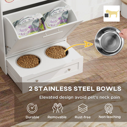 Pet feeder station with storage cabinet and bowls