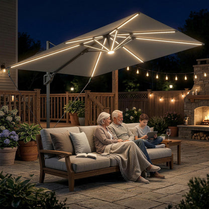 Offset Cantilever Patio Umbrella with Solar Lights UPF50+