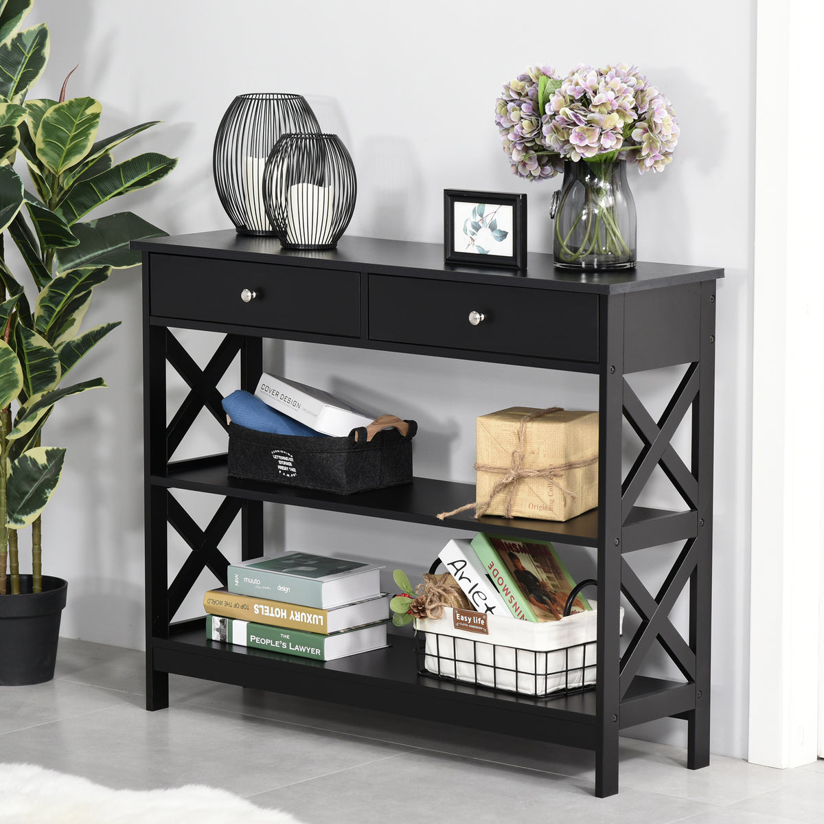 Mesa consola estrecha de 99 cm con cajones y estantes