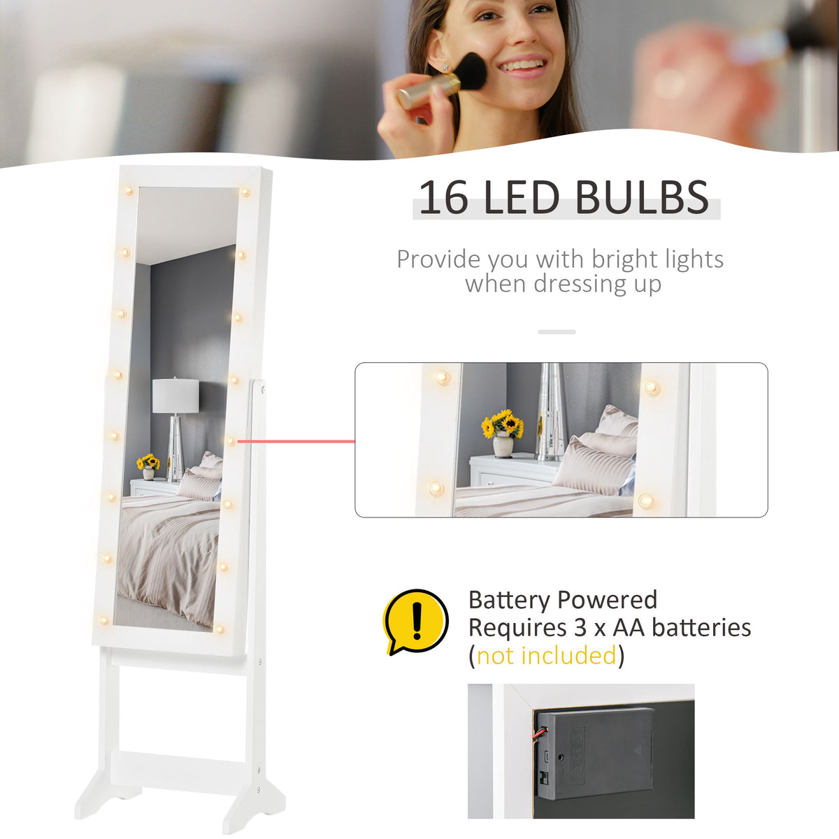 Alcancía de joyas sobre pie con espejo iluminado y LED